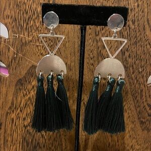 Silver Geometric Tassel Drop Earrings - Deep Green Tassels 4”